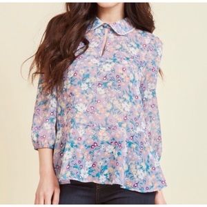 Modcloth Floral Blouse Peplum Hem Long Sleeve Sz S